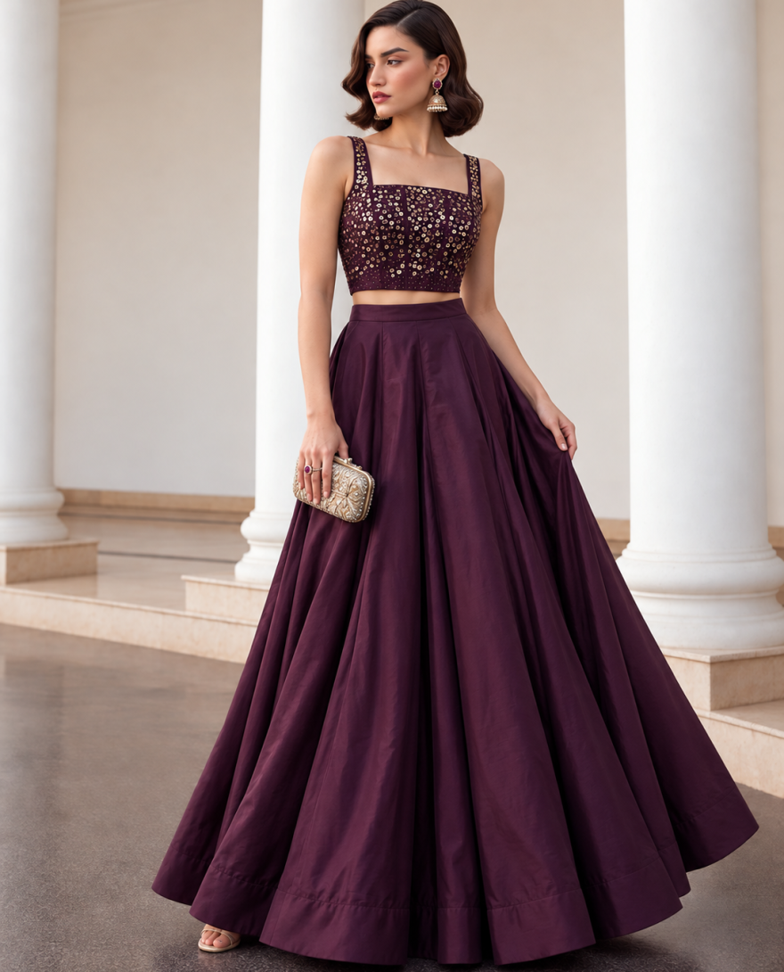 9005 - Burgundy Silk Plain Work Readymade Lehenga Choli for Ceremonial